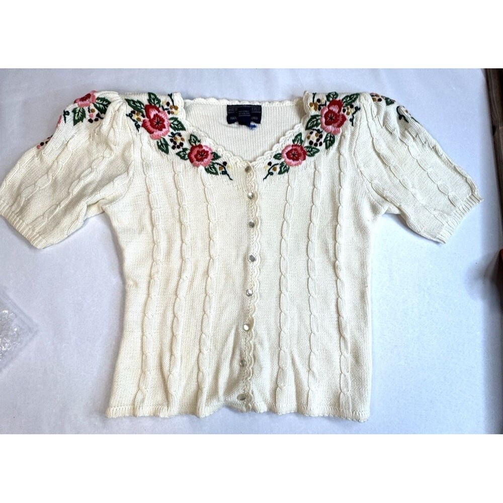 VTG Herman Geist floral embroidered cream short sleeve sweater SMALL